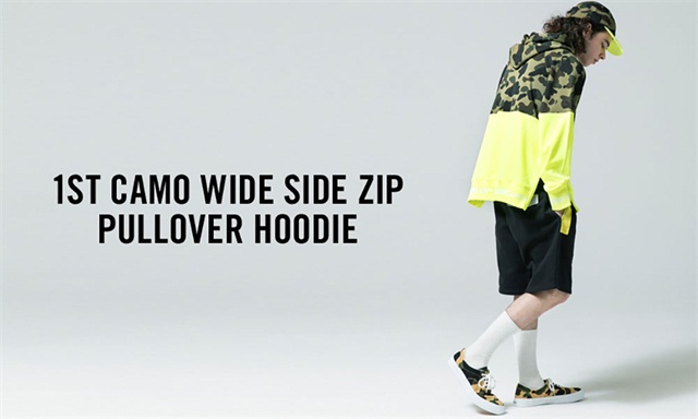 日本潮牌 Bape 公布新款 1ST CAMO Wide Side Zip Pillover Hoodie，本周六开售