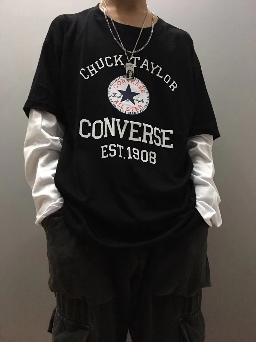 Converse匡威经典三星标All Star Logo 长袖假两件t恤